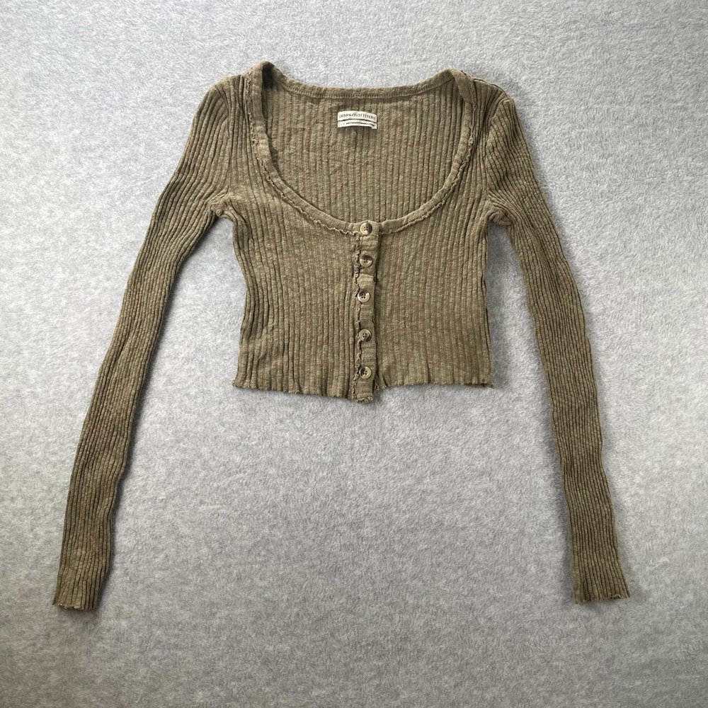 Urban Outfitters Large Ashton Ribbed Crop Top Womens Y2K Grunge Green Raw Hem